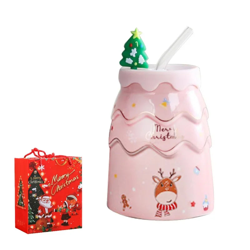 Christmas Idea Elk Snowman Ceramic Cup Originality Christmas Tree Mug Straw with Cover Business Gift Practical Cartoon Mug