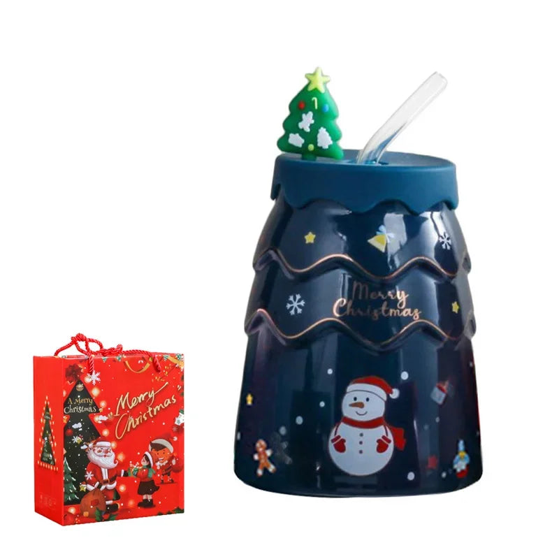 Christmas Idea Elk Snowman Ceramic Cup Originality Christmas Tree Mug Straw with Cover Business Gift Practical Cartoon Mug