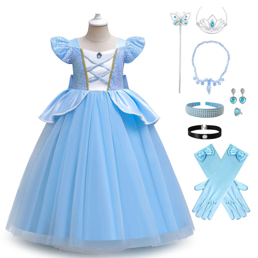 Cinderella Costume for Girls Blue Princess Puffy Dress Halloween Perform Fancy Costume Party Birthday Gift For Kids Leedoar