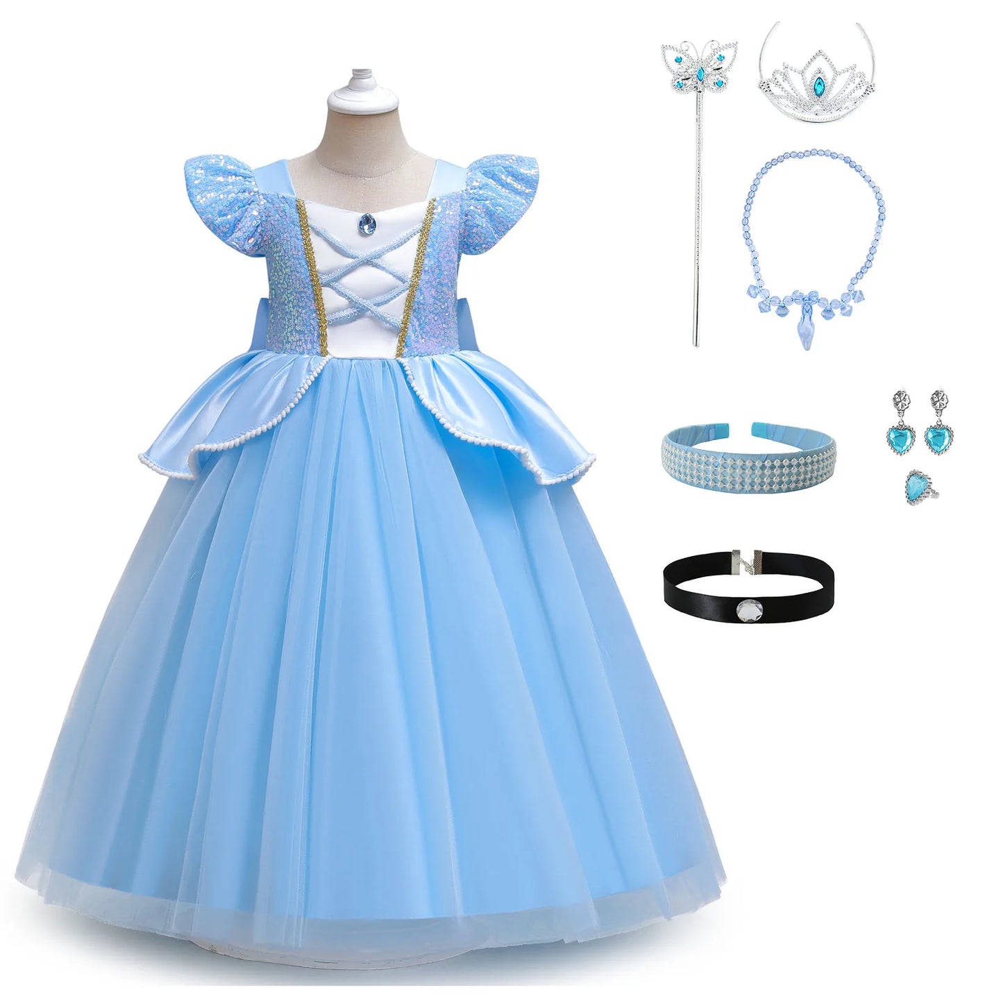 Cinderella Costume for Girls Blue Princess Puffy Dress Halloween Perform Fancy Costume Party Birthday Gift For Kids Leedoar