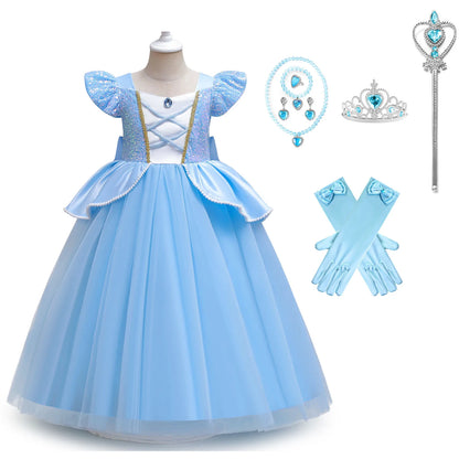 Cinderella Costume for Girls Blue Princess Puffy Dress Halloween Perform Fancy Costume Party Birthday Gift For Kids Leedoar