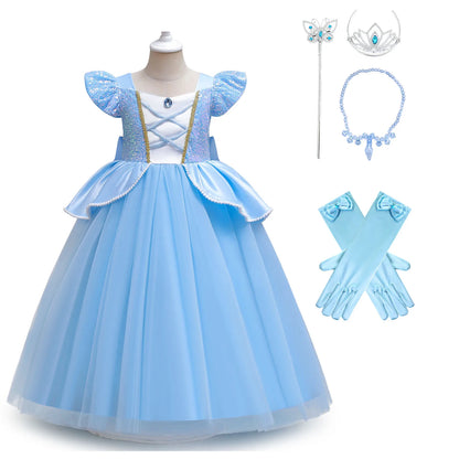 Cinderella Costume for Girls Blue Princess Puffy Dress Halloween Perform Fancy Costume Party Birthday Gift For Kids Leedoar