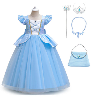 Cinderella Costume for Girls Blue Princess Puffy Dress Halloween Perform Fancy Costume Party Birthday Gift For Kids Leedoar