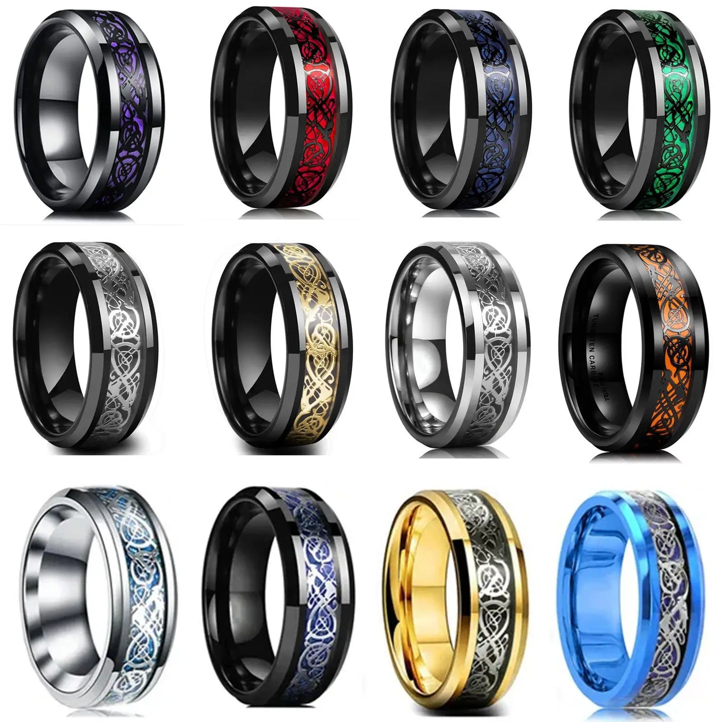 Clássico 8mm Preto Tungstênio Casamento Dragão Celta Para Homens Moda Aço Inoxidável Vermelho Fibra De Carbono Anel Banda 