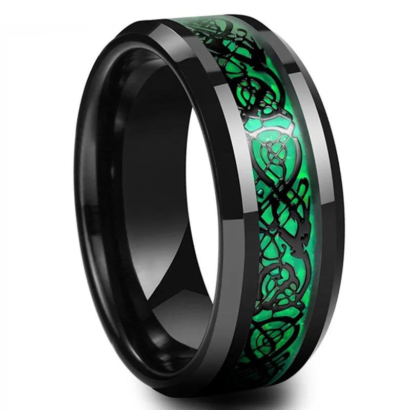 Clássico 8mm Preto Tungstênio Casamento Dragão Celta Para Homens Moda Aço Inoxidável Vermelho Fibra De Carbono Anel Banda 