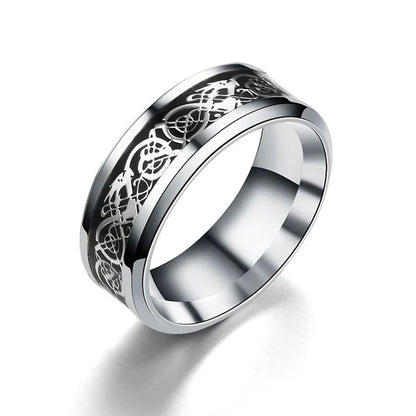 Anillo de boda clásico de tungsteno negro de 8 mm con diseño de dragón celta para hombre, de acero inoxidable y fibra de carbono roja 