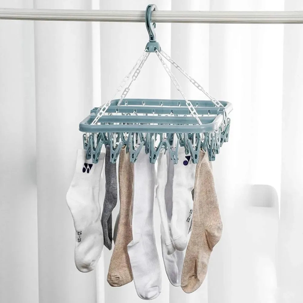 Clothes Drying Hanger with 32 Clips / 8 Clips Socks Underwear Drying Folding Laundry Hanging Rack Leedoar