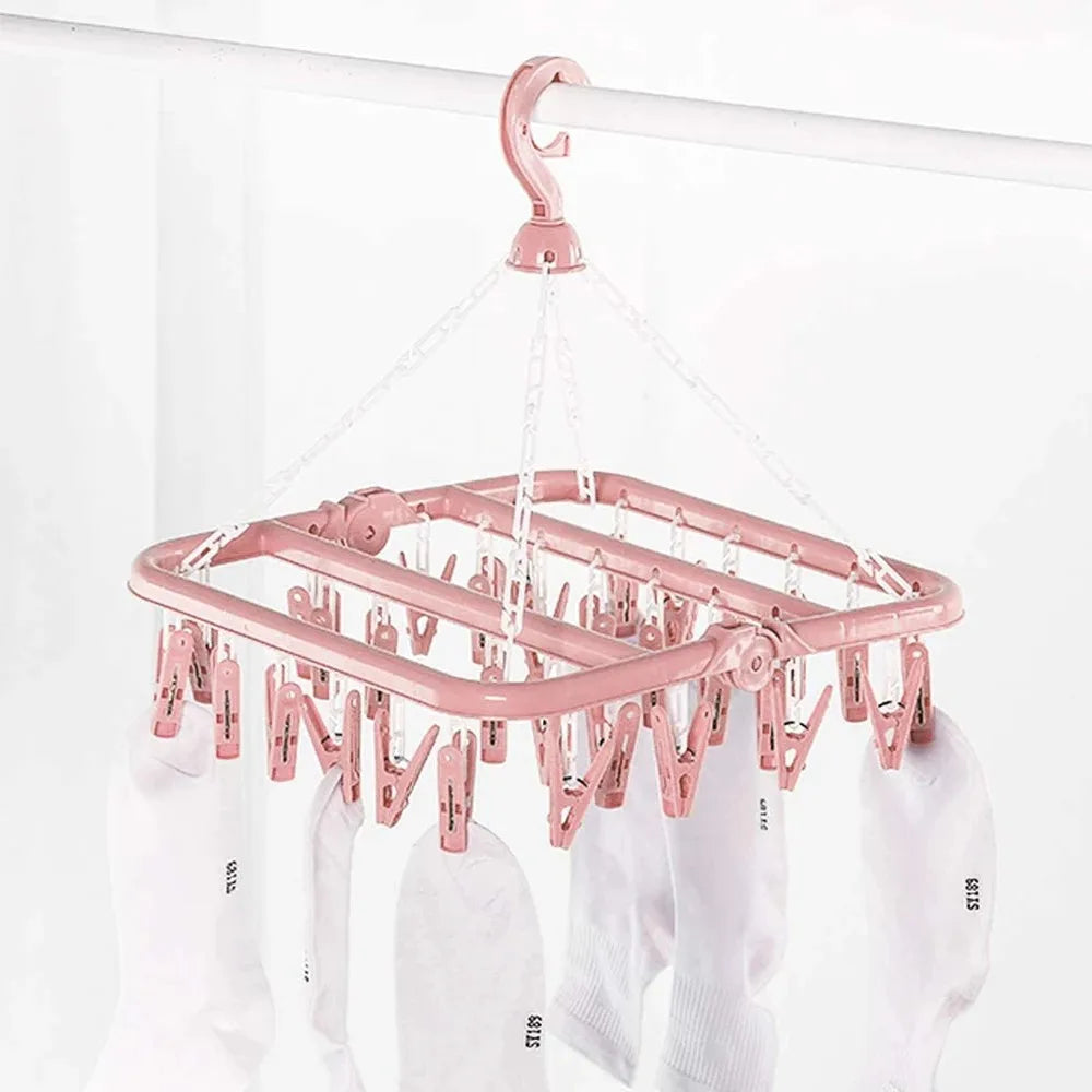 Clothes Drying Hanger with 32 Clips / 8 Clips Socks Underwear Drying Folding Laundry Hanging Rack Leedoar