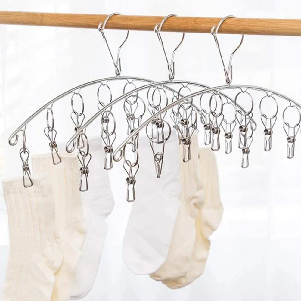 Clothes Drying Hanger with 32 Clips / 8 Clips Socks Underwear Drying Folding Laundry Hanging Rack Leedoar