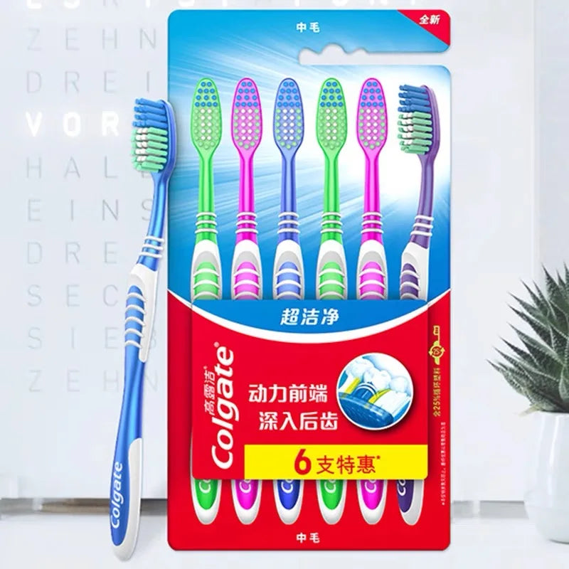 Colgate - Paquete de 6 cepillos de dientes para limpieza de dientes, para familias, parejas, finos, suaves, de pelo medio, para viajes, para hombres y mujeres, limpieza de la espalda y los dientes 