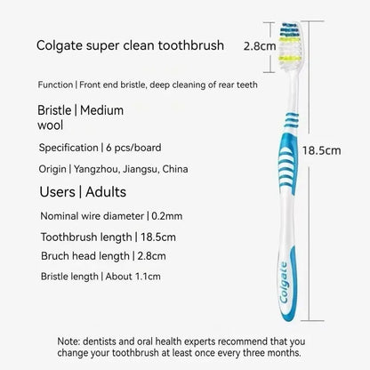 Colgate - Paquete de 6 cepillos de dientes para limpieza de dientes, para familias, parejas, finos, suaves, de pelo medio, para viajes, para hombres y mujeres, limpieza de la espalda y los dientes 