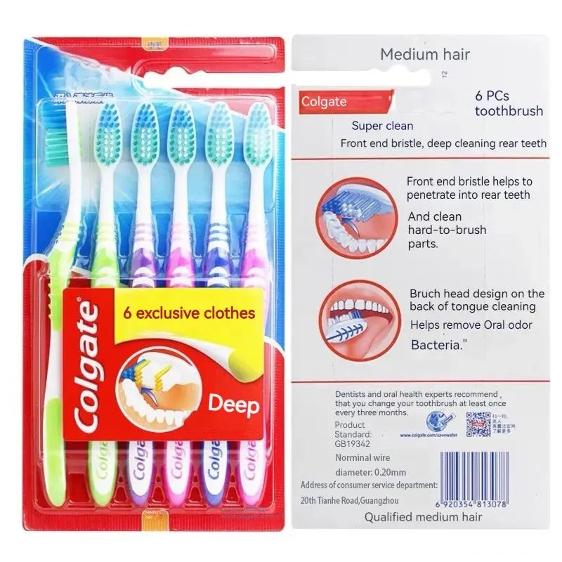 Colgate - Paquete de 6 cepillos de dientes para limpieza de dientes, para familias, parejas, finos, suaves, de pelo medio, para viajes, para hombres y mujeres, limpieza de la espalda y los dientes 