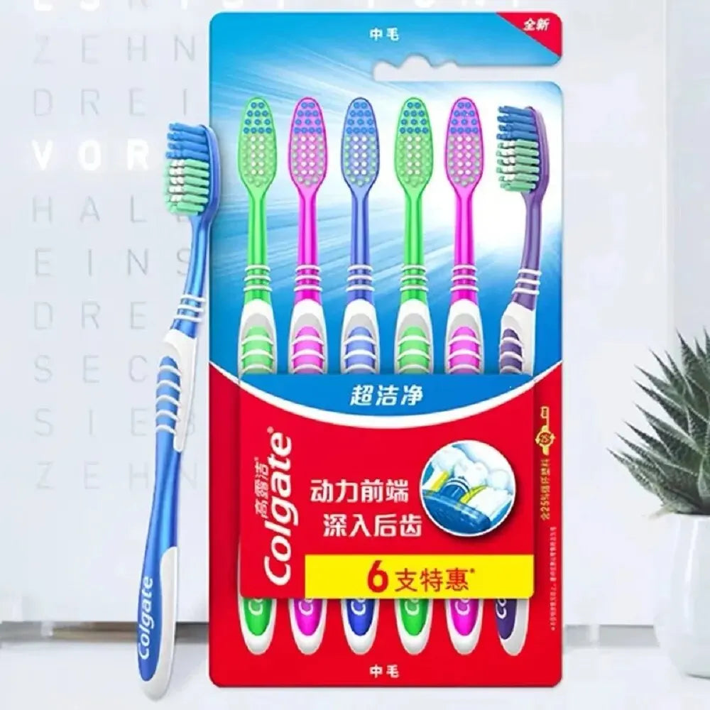 Colgate - Paquete de 6 cepillos de dientes para limpieza de dientes, para familias, parejas, finos, suaves, de pelo medio, para viajes, para hombres y mujeres, limpieza de la espalda y los dientes 