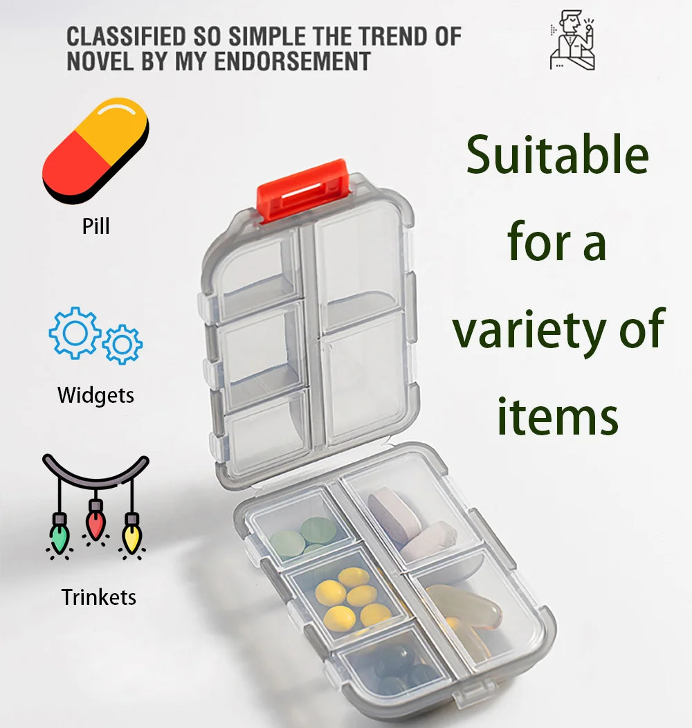 Práctico organizador de pastillas para viajes, dispensador portátil de bolsillo, caja pequeña para medicamentos, 10 compartimentos para almacenar vitaminas y aceite de pescado 