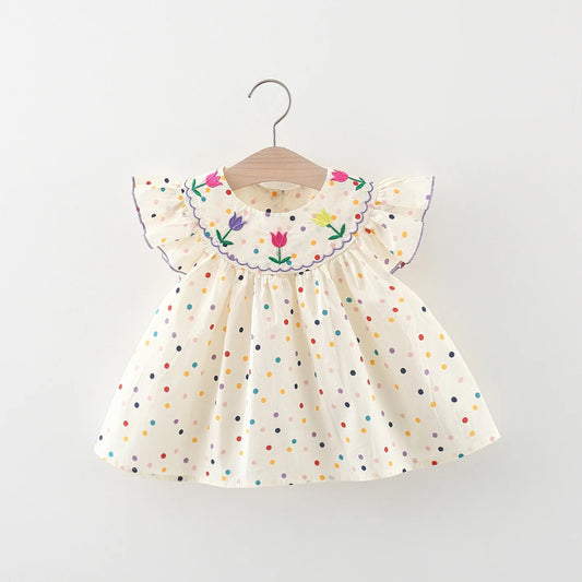 Cotton Baby Dress Flower Embroidery Comfortable Baby Dress Colorful Polka Dot Printed Dress Leedoar