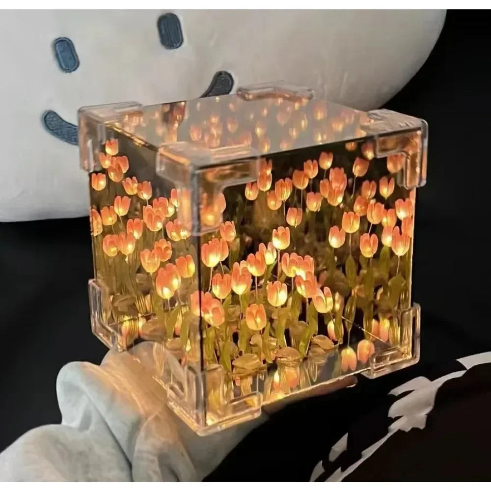 Creative Diy Tulip Flower Sea Cube Three-Dimensional Small Night Lamp Material Package for Girlfriend Couple Girlfriends Leedoar