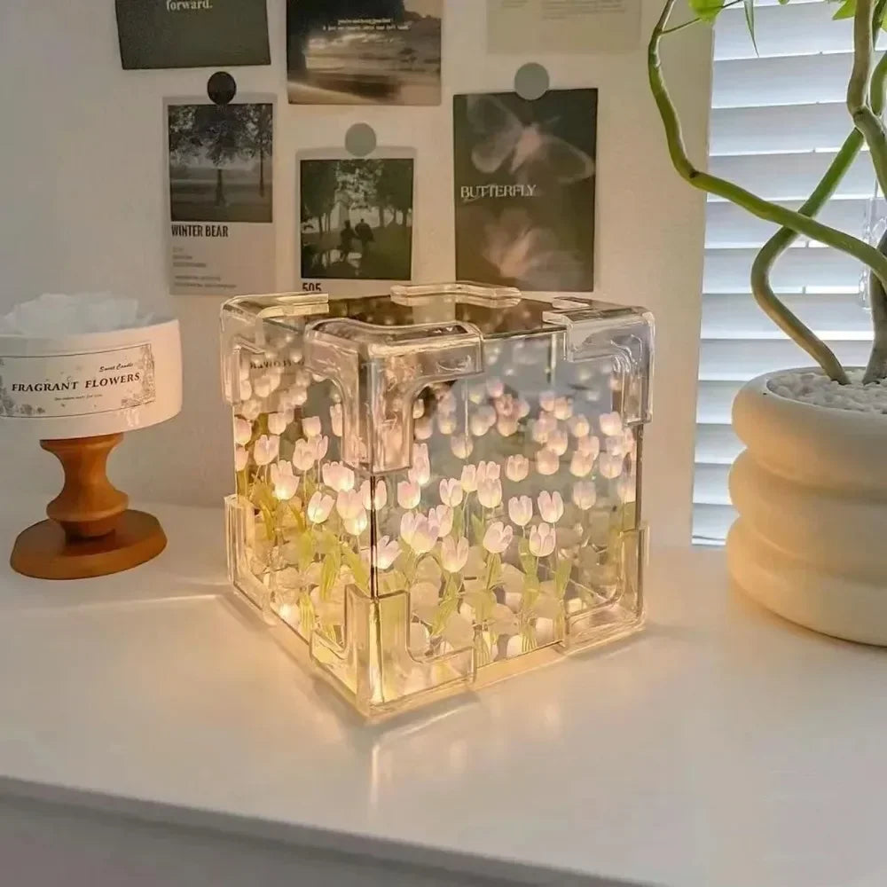 Creative Diy Tulip Flower Sea Cube Three-Dimensional Small Night Lamp Material Package for Girlfriend Couple Girlfriends Leedoar