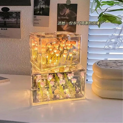 Creative Diy Tulip Flower Sea Cube Three-Dimensional Small Night Lamp Material Package for Girlfriend Couple Girlfriends Leedoar