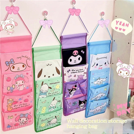 Creative Kawaii Girl Sanrioed Wall Hanging Storage Bag Cartoon Kuromi Cinnamoroll Multi-compartment  Pochacco Bag Sundry Bag Leedoar