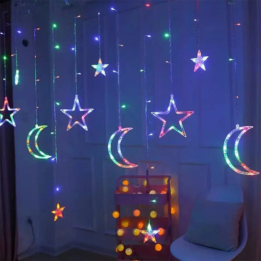 Curtain Lights, Christmas Moon Star Window Fairy String Lights for Indoor Window, Kid Bedroom, Patio, Front Porch, Camping, Gues