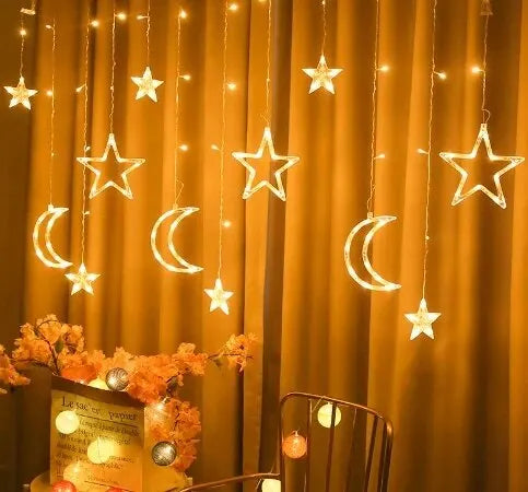 Curtain Lights, Christmas Moon Star Window Fairy String Lights for Indoor Window, Kid Bedroom, Patio, Front Porch, Camping, Gues