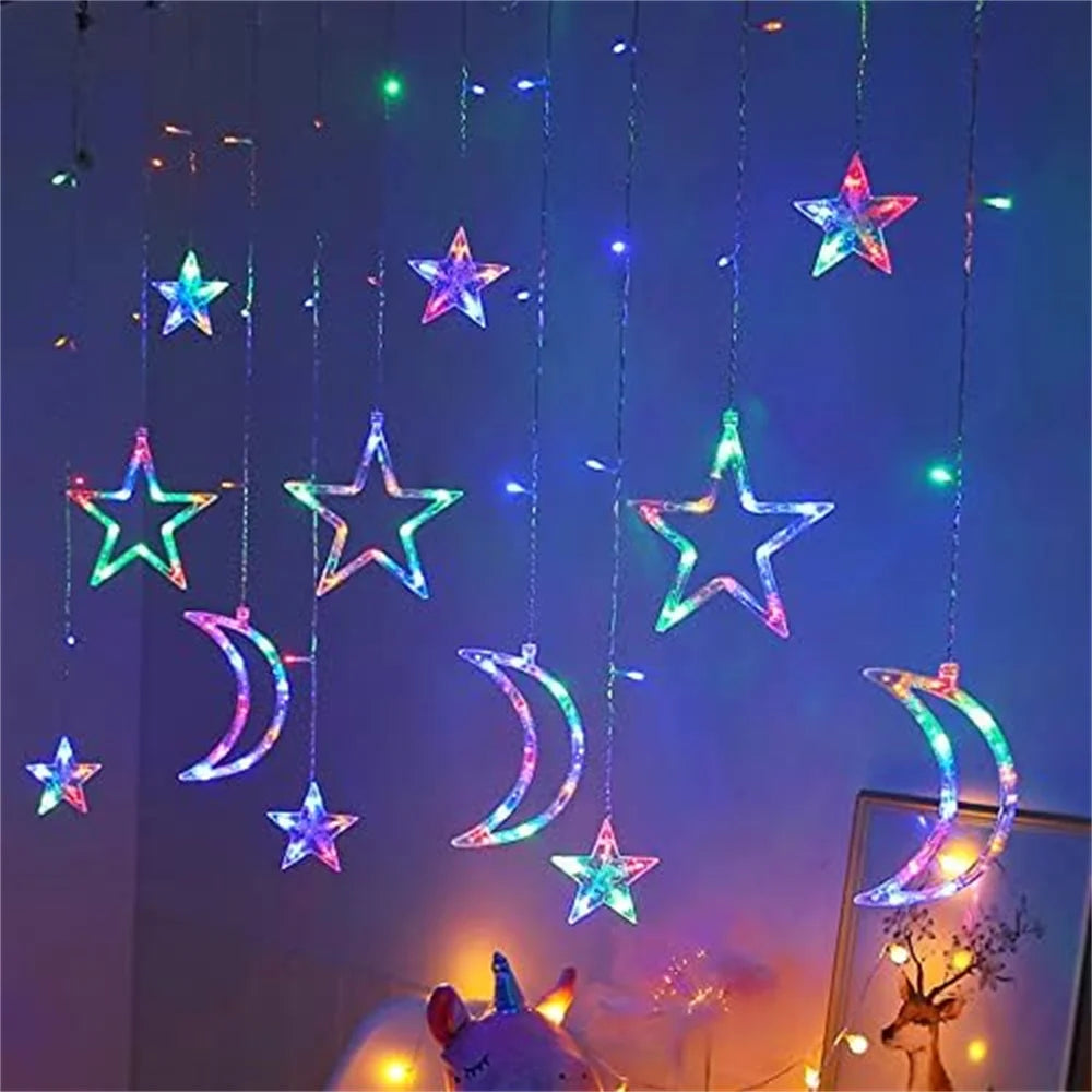 Curtain Lights, Christmas Moon Star Window Fairy String Lights for Indoor Window, Kid Bedroom, Patio, Front Porch, Camping, Gues