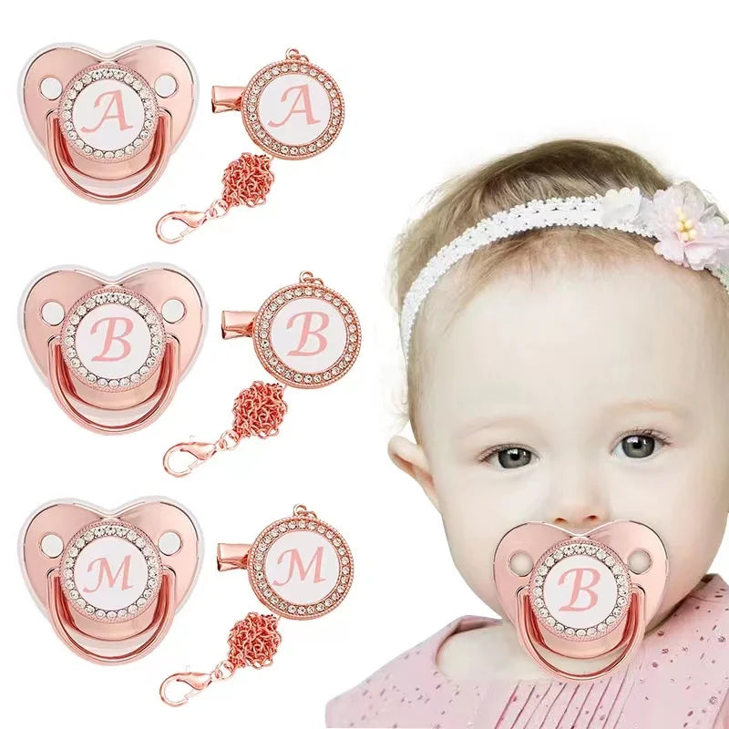 Custom baby silicone pacifier/rose gold 26 letter pacifier/chain clip+dust cover Leedoar