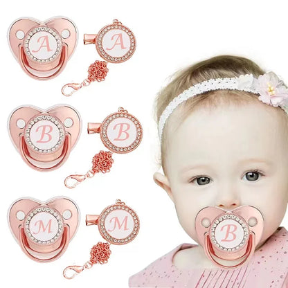 Custom baby silicone pacifier/rose gold 26 letter pacifier/chain clip+dust cover Leedoar