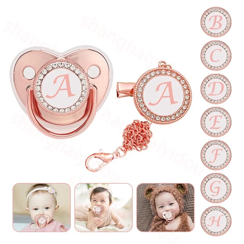 Custom baby silicone pacifier/rose gold 26 letter pacifier/chain clip+dust cover Leedoar