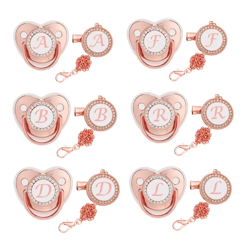 Custom baby silicone pacifier/rose gold 26 letter pacifier/chain clip+dust cover Leedoar