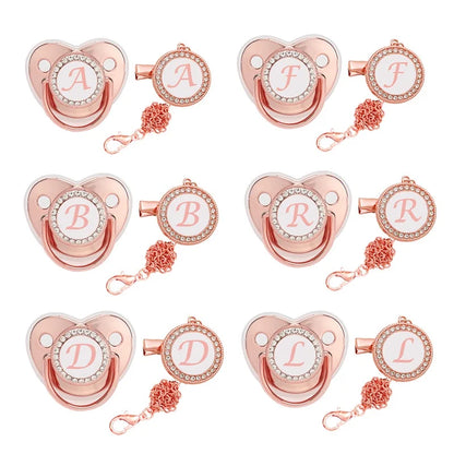 Custom baby silicone pacifier/rose gold 26 letter pacifier/chain clip+dust cover Leedoar