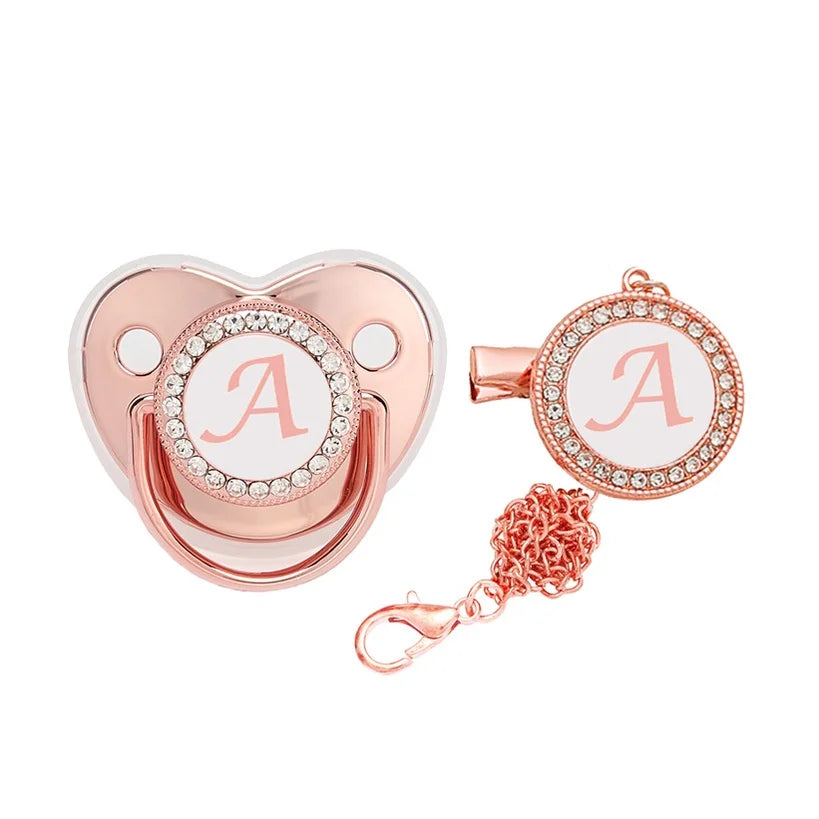 Custom baby silicone pacifier/rose gold 26 letter pacifier/chain clip+dust cover Leedoar