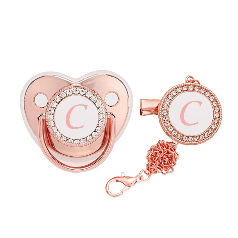 Custom baby silicone pacifier/rose gold 26 letter pacifier/chain clip+dust cover Leedoar