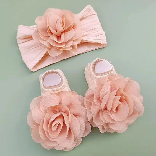 Lindos calcetines para bebé + juego de diademas, calcetines de algodón antideslizantes, banda para el cabello con encaje de flores para recién nacidos, turbante, accesorios para el cabello para niñas 