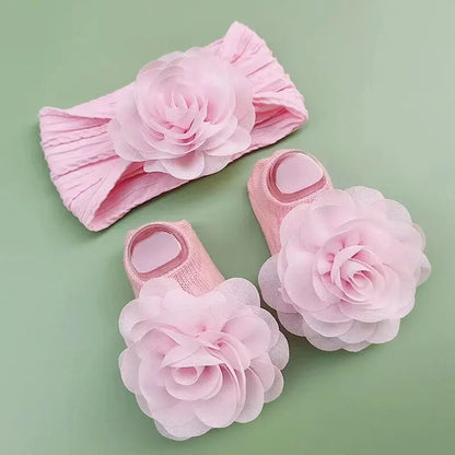 Cute Baby Socks+ Headbands Set Non Slip Cotton Sock Lace Flower Newborn Hair Band Turban Girl Hair Accessories Leedoar