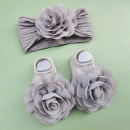 Cute Baby Socks+ Headbands Set Non Slip Cotton Sock Lace Flower Newborn Hair Band Turban Girl Hair Accessories Leedoar