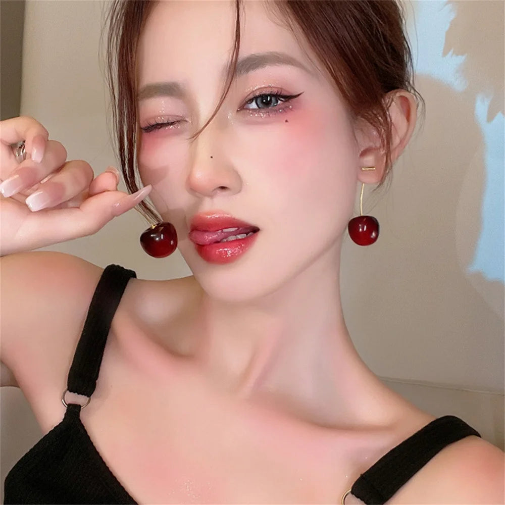 Cute Cherry Fruit Acrylic Earrings Fashionable Resin Cherry Earrings For Women Kpop Jewelry Trendy Accessories Leedoar