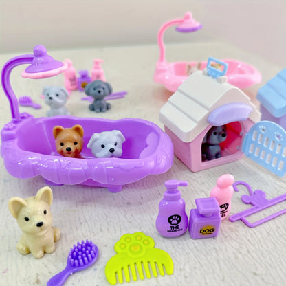 Cute Dog Pet Basket Family Toys Dog Doll Set Dog Cage Toys Scene Playing Toys Christmas Decoration and Thanksgiving Gifts Leedoar