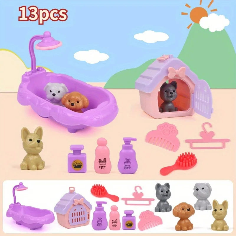 Cute Dog Pet Basket Family Toys Dog Doll Set Dog Cage Toys Scene Playing Toys Christmas Decoration and Thanksgiving Gifts Leedoar