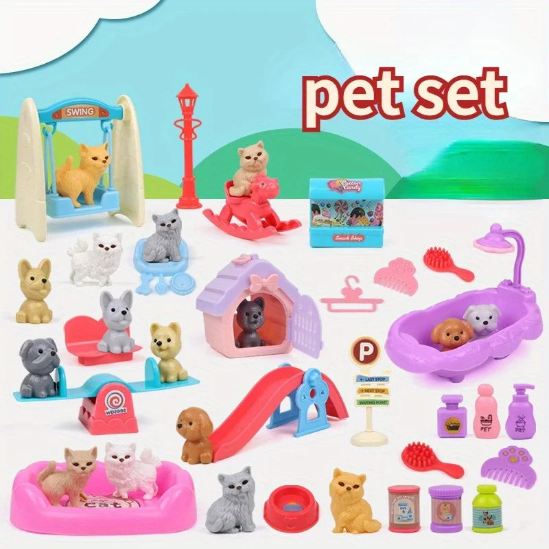 Cute Dog Pet Basket Family Toys Dog Doll Set Dog Cage Toys Scene Playing Toys Christmas Decoration and Thanksgiving Gifts Leedoar