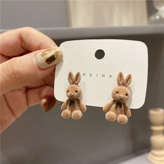 Cute Flocking Plush Rabbit Bear Stud Earrings Kawaii Brown Khaki Animal Earrings For Women Girls Korean Earring Jewelry