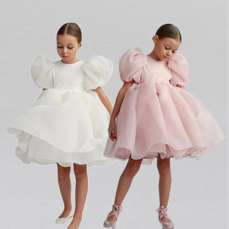 Cute Girl Princess Dress Little Girl Puff Sleeve Gala Tutu Gown Kids Birthday Bow Outfits Flower Girl Wedding Party Clothes 3-8T Leedoar