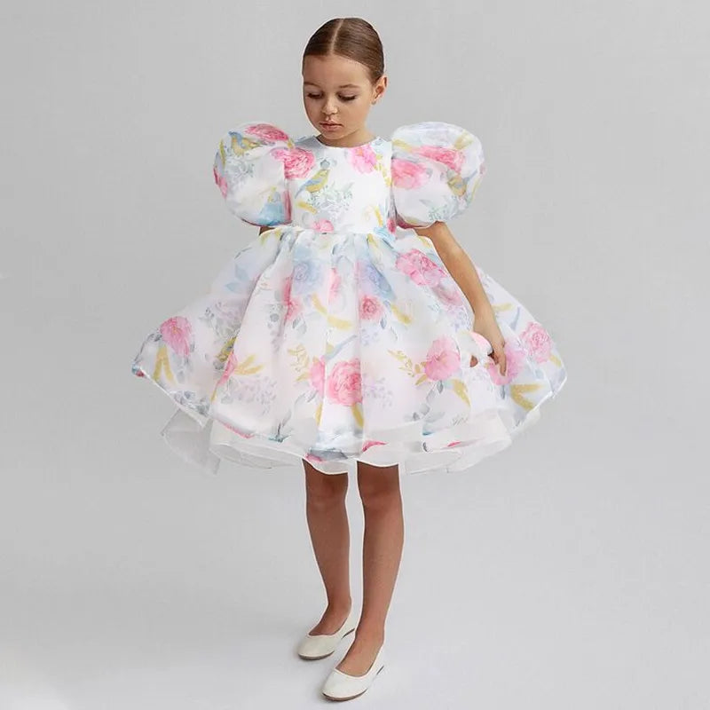 Cute Girl Princess Dress Little Girl Puff Sleeve Gala Tutu Gown Kids Birthday Bow Outfits Flower Girl Wedding Party Clothes 3-8T Leedoar