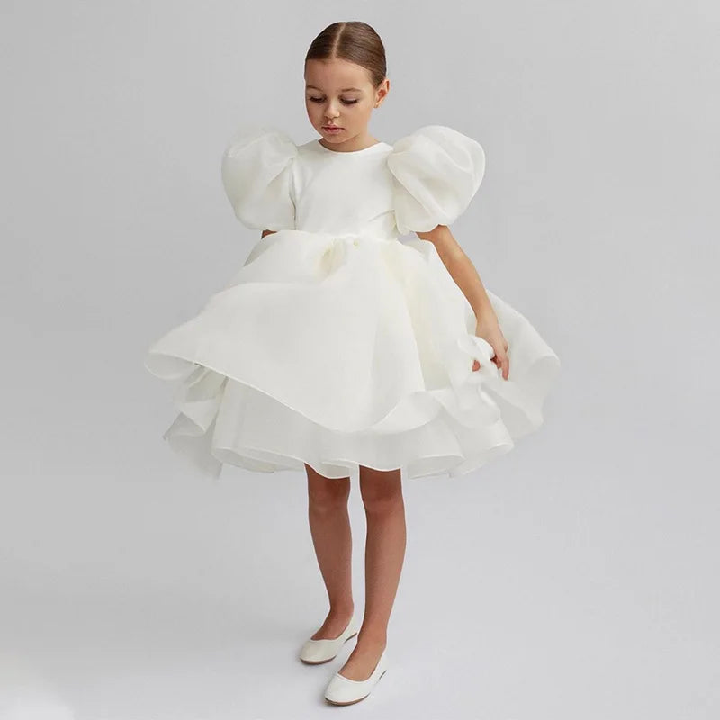 Cute Girl Princess Dress Little Girl Puff Sleeve Gala Tutu Gown Kids Birthday Bow Outfits Flower Girl Wedding Party Clothes 3-8T Leedoar