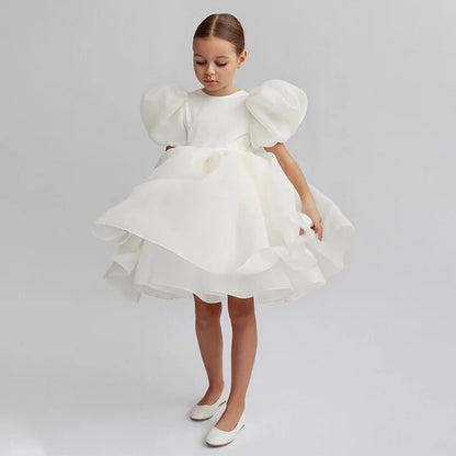 Cute Girl Princess Dress Little Girl Puff Sleeve Gala Tutu Gown Kids Birthday Bow Outfits Flower Girl Wedding Party Clothes 3-8T Leedoar