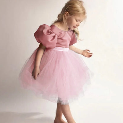 Cute Girl Princess Dress Little Girl Puff Sleeve Gala Tutu Gown Kids Birthday Bow Outfits Flower Girl Wedding Party Clothes 3-8T Leedoar