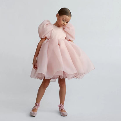 Cute Girl Princess Dress Little Girl Puff Sleeve Gala Tutu Gown Kids Birthday Bow Outfits Flower Girl Wedding Party Clothes 3-8T Leedoar