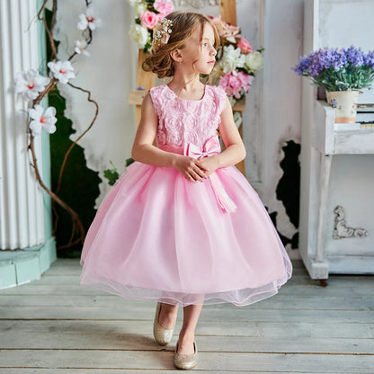 Cute Girl Princess Dress Little Girl Puff Sleeve Gala Tutu Gown Kids Birthday Bow Outfits Flower Girl Wedding Party Clothes 3-8T Leedoar