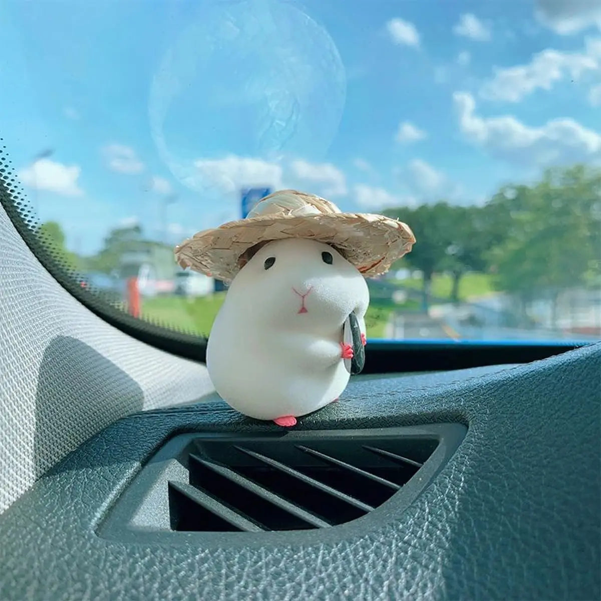 Hamster fofo com chapéu de palha enfeite de carro, decoração de carro acessórios de painel de interior de automóvel 