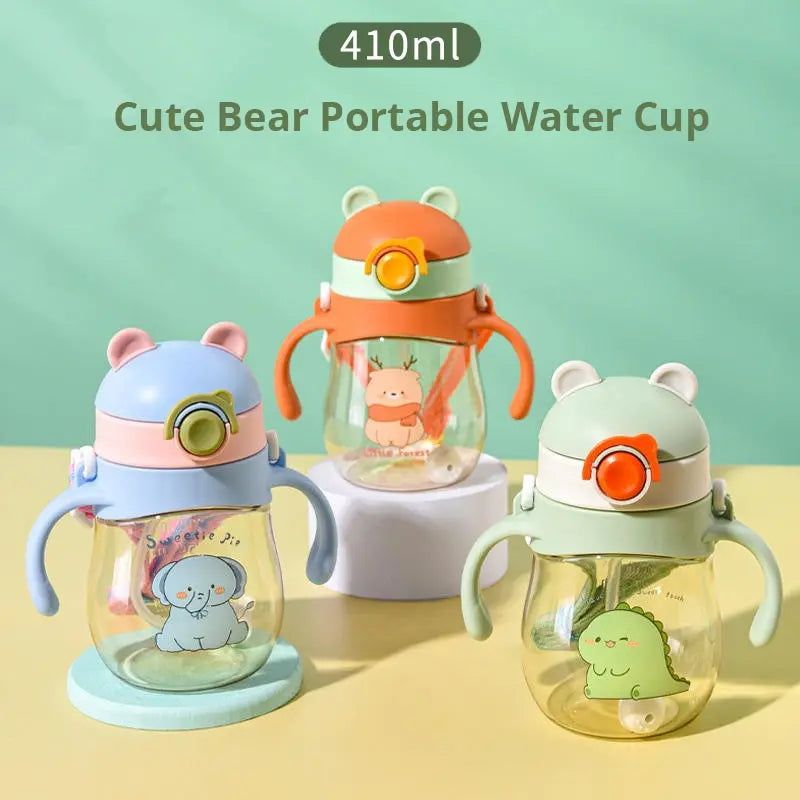 Cute Kids Water Bottles With Straw Children's 410ml Large Capacity Kawaii Cartoon Student School Travel Water Cup Leedoar